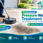 Professional pressure washing treatment for an oil stain on a concrete driveway in Norton Shores, Michigan.
