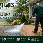 Professional power washing services being used for deck restoration in Plymouth, Michigan.