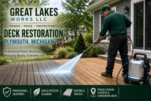 Professional power washing services being used for deck restoration in Plymouth, Michigan.